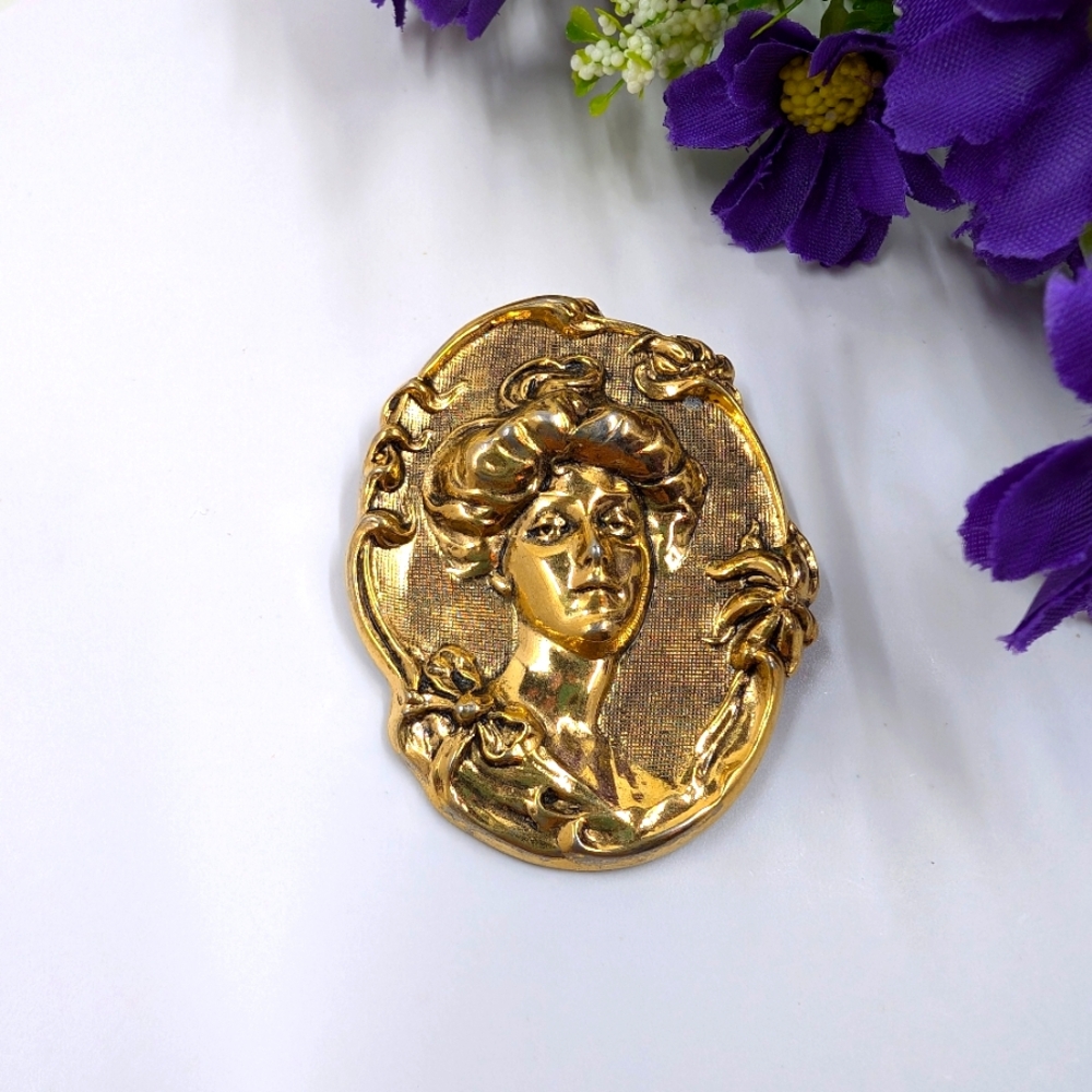 Unique and Vintage Metal Cameo Oversized Brooch